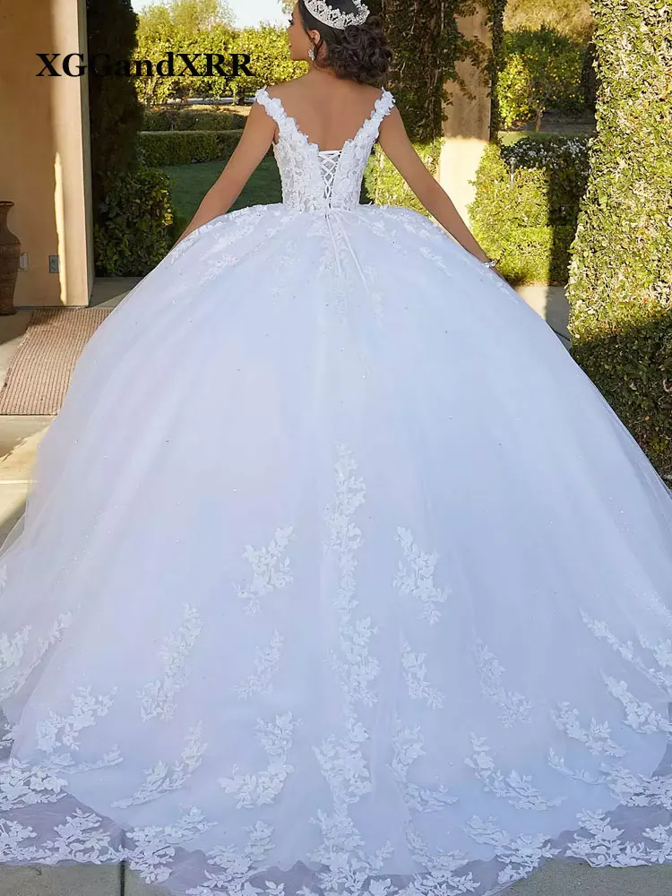 Elegant White Tulle Quinceañera Dress Sparkle Beaded Applique Ball Gown Sweet 16 Princess Dress Pageant Vestido De 15 Party Gown