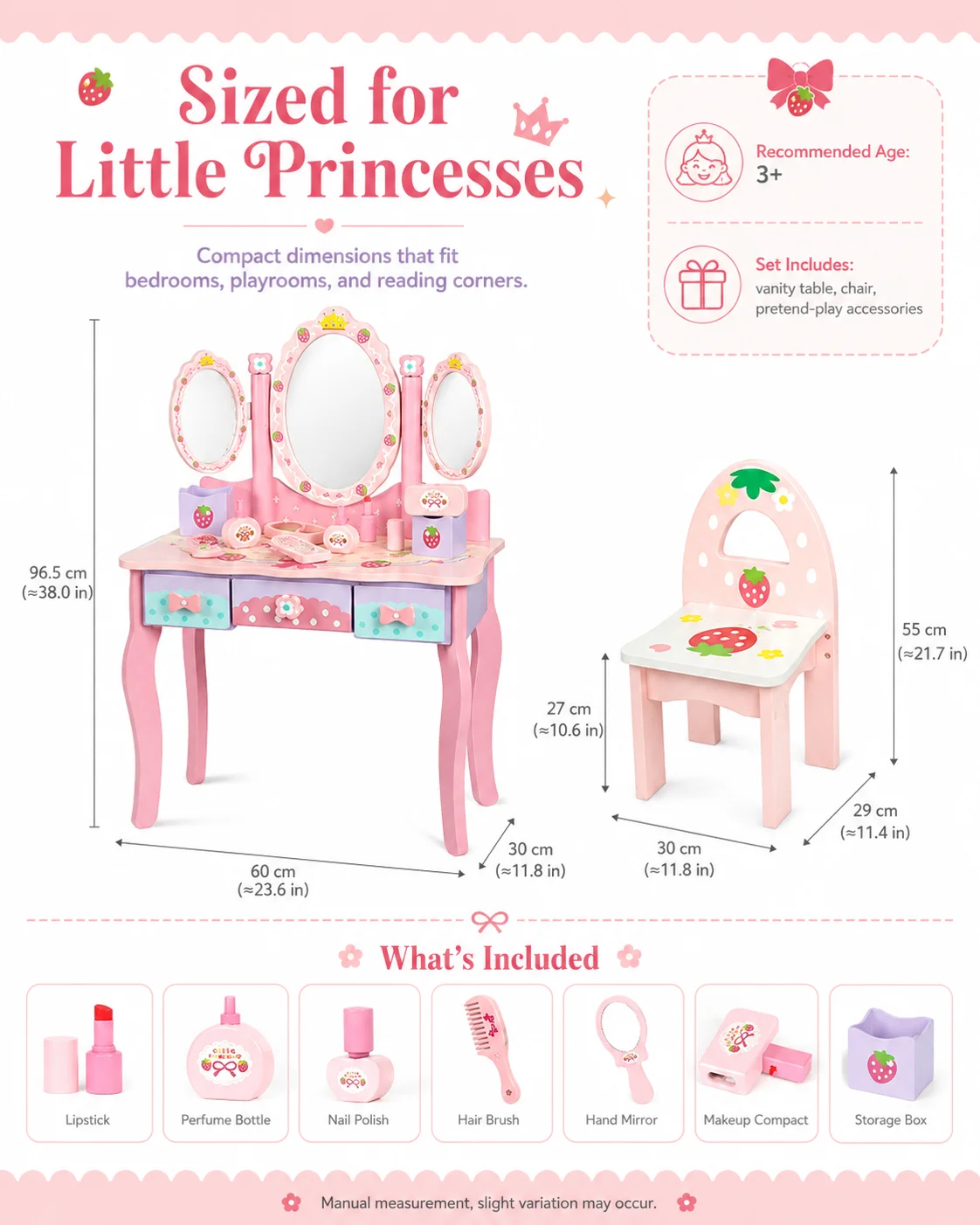 Kids Wooden Vanity Table Set with 3 Mirrors & Chair, Girls Pretend Play Dressing Table with Makeup Accessories