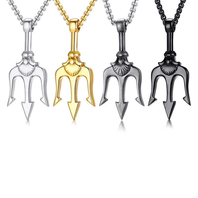 Stainless Steel Filled Poseidon Trident Necklace Neptune Pendant Greek Vantage Silver Color Men Jewelry