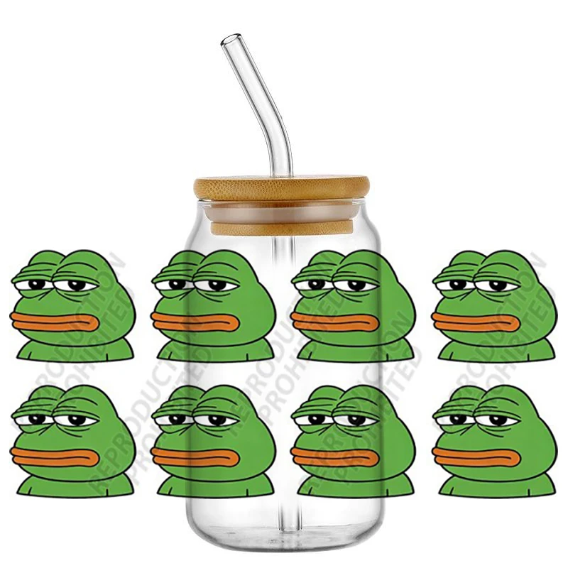 Sad Frog Meme UV DTF Transfer Wraps Waterproof Cold Peel Stickers for 16oz Libbey Cup DIY Funny Decor
