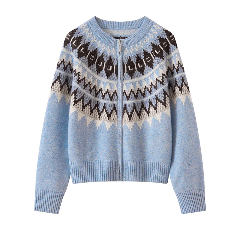 

Синий жаккардовый женский кардиган Fair Isle с круглым вырезом, утолщенный свитер из 100% кашемира, вязаный свободный свитер на молнии, пальто