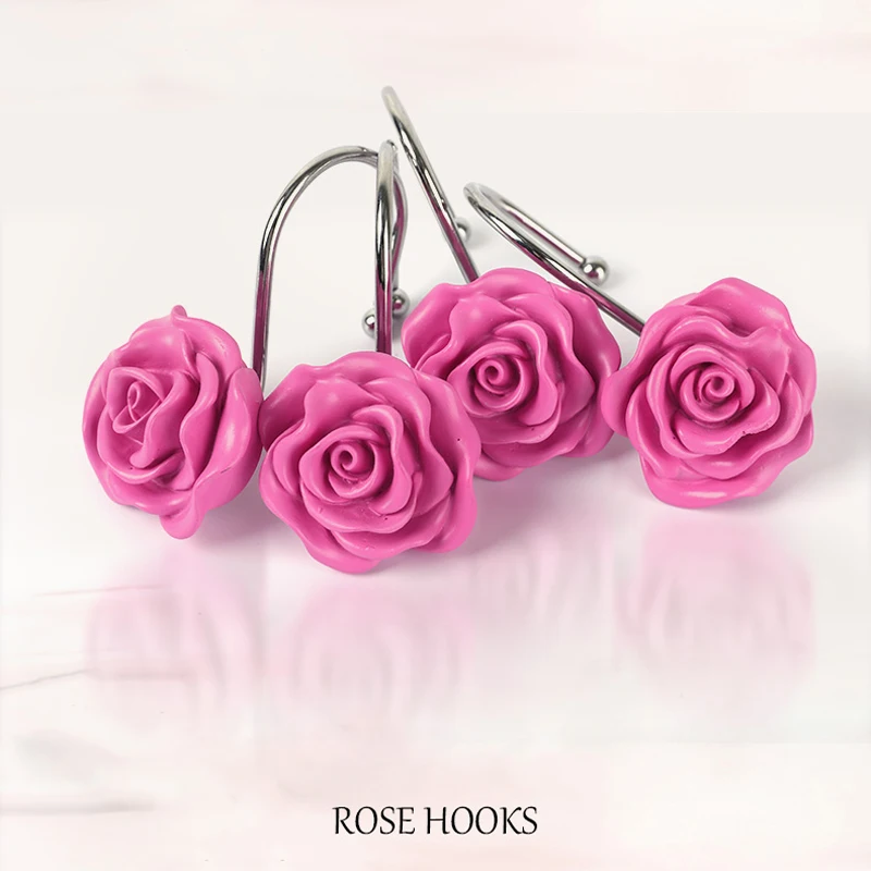 Shower Curtain Hook for Bathroom, Double Resin Material, Princess Style, Pink Rose Flower,  USA High Quality, 8 PCs/Pack