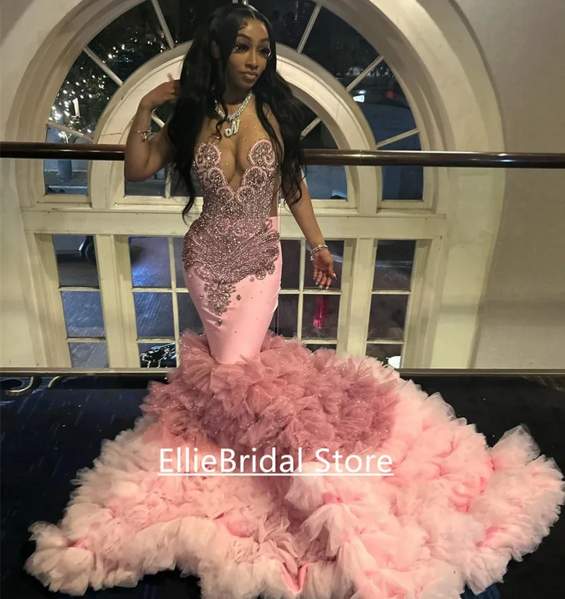 Luxury Pink Prom Dresses For Black Girls 2025 Rhinestone Mermaid Crystal vestido de graduación Sheer Neck Party Dress Customized