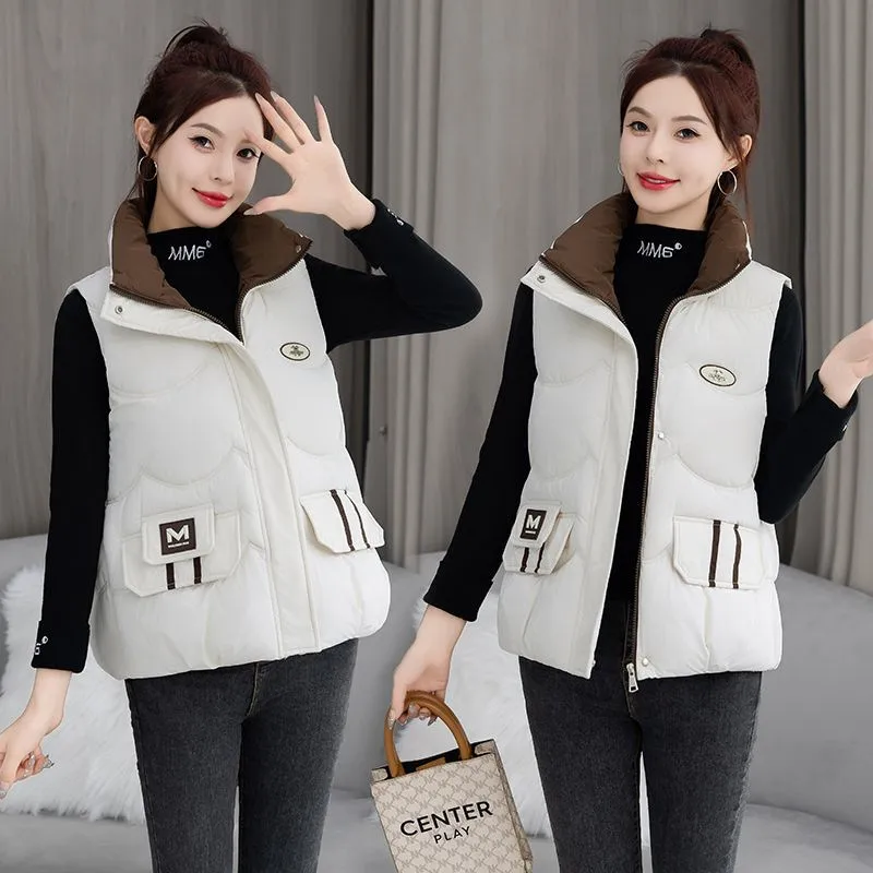 

Cotton Women's Vests 2025 New Stand Collar Fashion Female Joker Down Cotton Vest Jacket Korean Version Loose Padded Overcoat
