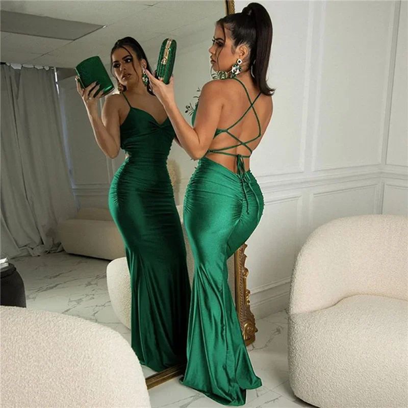 

Sexy Satin Maxi Dress Women Evening Party Night Elegant Dresses Spaghetti Strap Backless Criss Lace-up Going Out Dress Clubwear