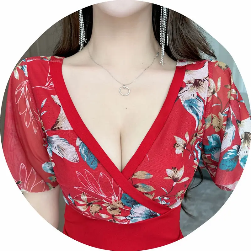 Summer Women\'s Clothing Pullover Patchwork Chiffon Short Sleeves Plant&Flowers Printing V-Neck Mini Skirts Flattering Dresses