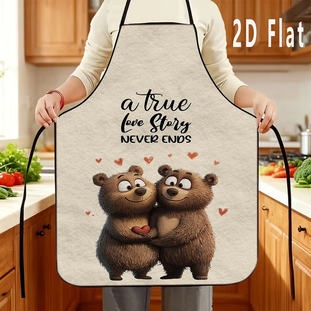 

1pc 2D Flat "True Love Bear" Print Apron, 60x80cm, Kitchen/Restaurant Apron, BBQ Apron, Durable and Easy to Clean