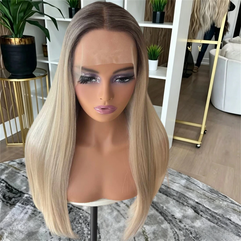 13x4 Middle Part Ombre Creamy Blonde Highlights Synthetic Lace Front Wig Original Factory Cheap Wigs Soft Long Straight Wig 26''