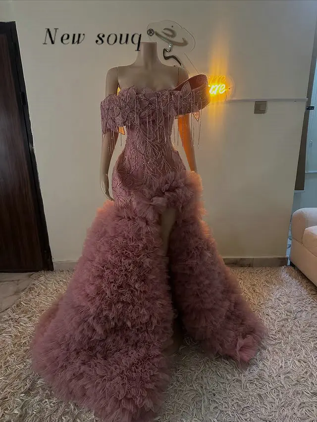 

Blush Pink Off Shoulder Long Prom 2026 Dresses Customized Ruffles Crystal Tassel Mermaid Sexy Party Gowns with Side Split