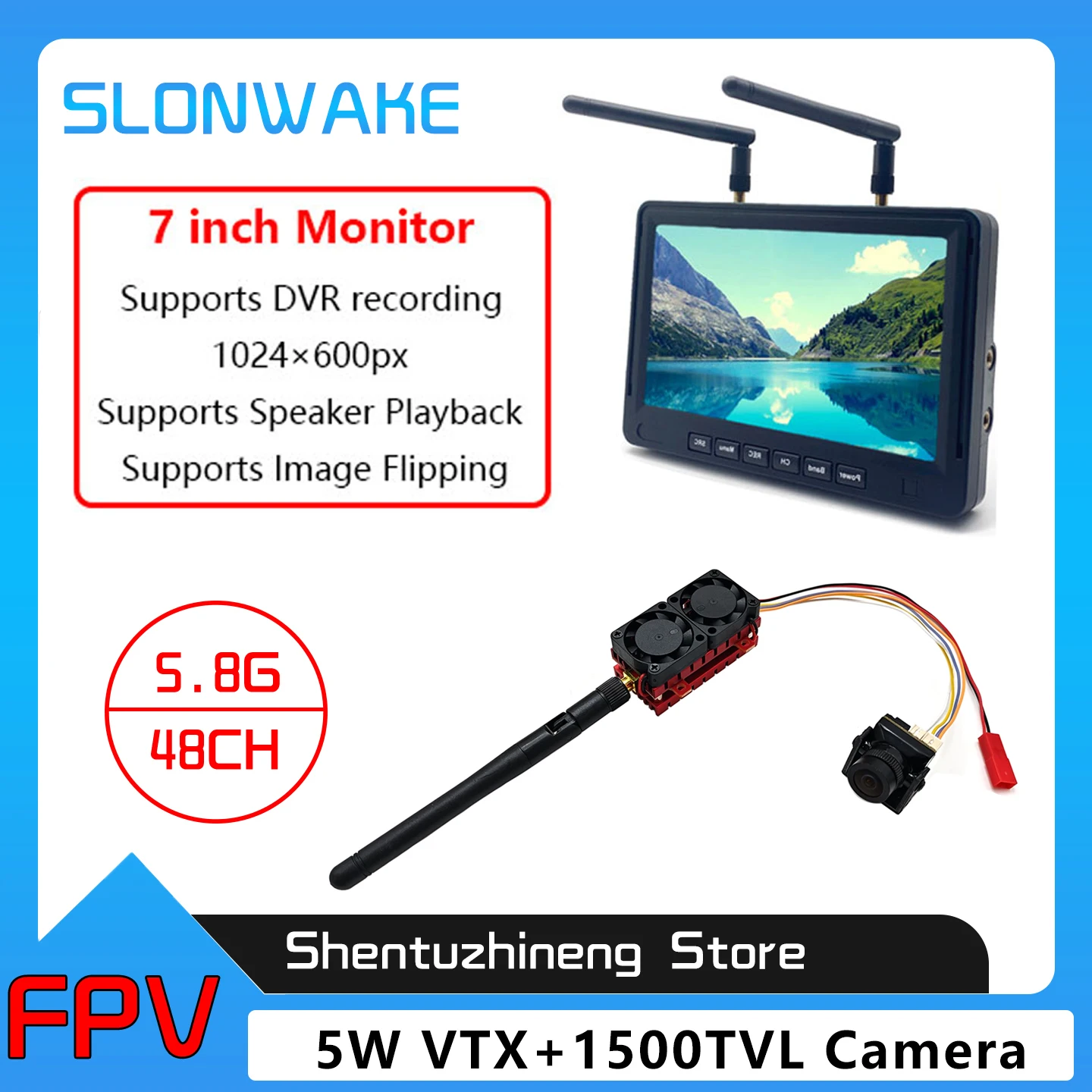SLONWAKE 5.8G 5W VTX Transmitter Build-in Mic With 1500TVL Night Vision Camera + 7 inch DVR Monitor For RC FPV Racing Drone