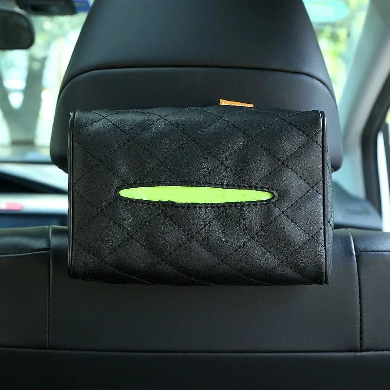 SolidColor Checkered Leather Wear-resistantTissue Box Car Seat Backrest Sunshade Suspension Tissue Bag Buckle Strap Easy Install