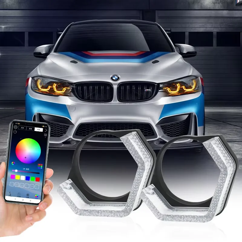 3 Inch 5D RGB LED Angel Eyes Halo Rings Rectangular DRL Covers With Turn Signal Light App Control Halo Covers For Car Headlight
