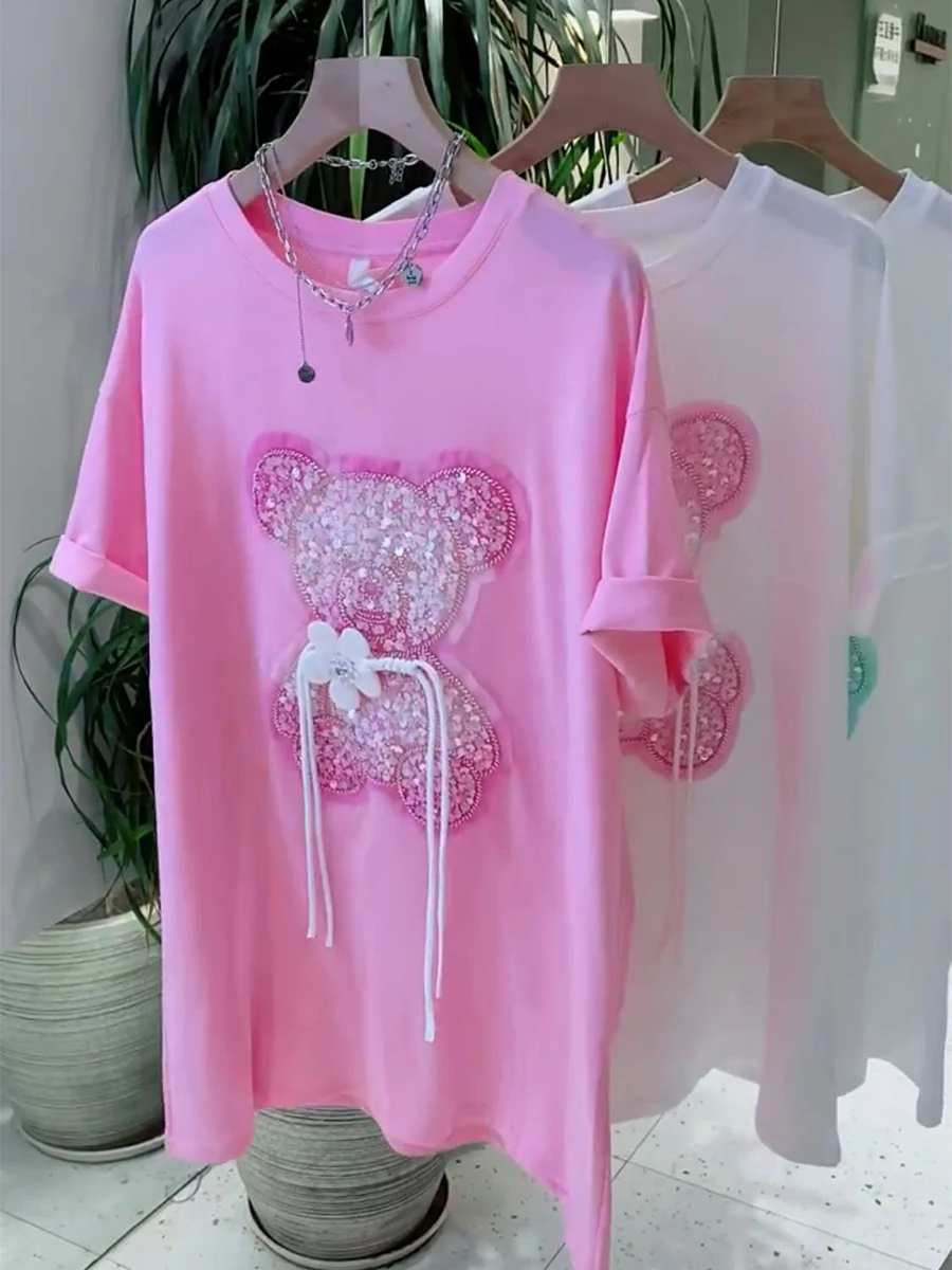 Tshirts For Women Summer Korean Fashion 100% Cotton Short Sleeve Tshirt Bear sequins Designer Clothes Women glitleringTops S-4XL