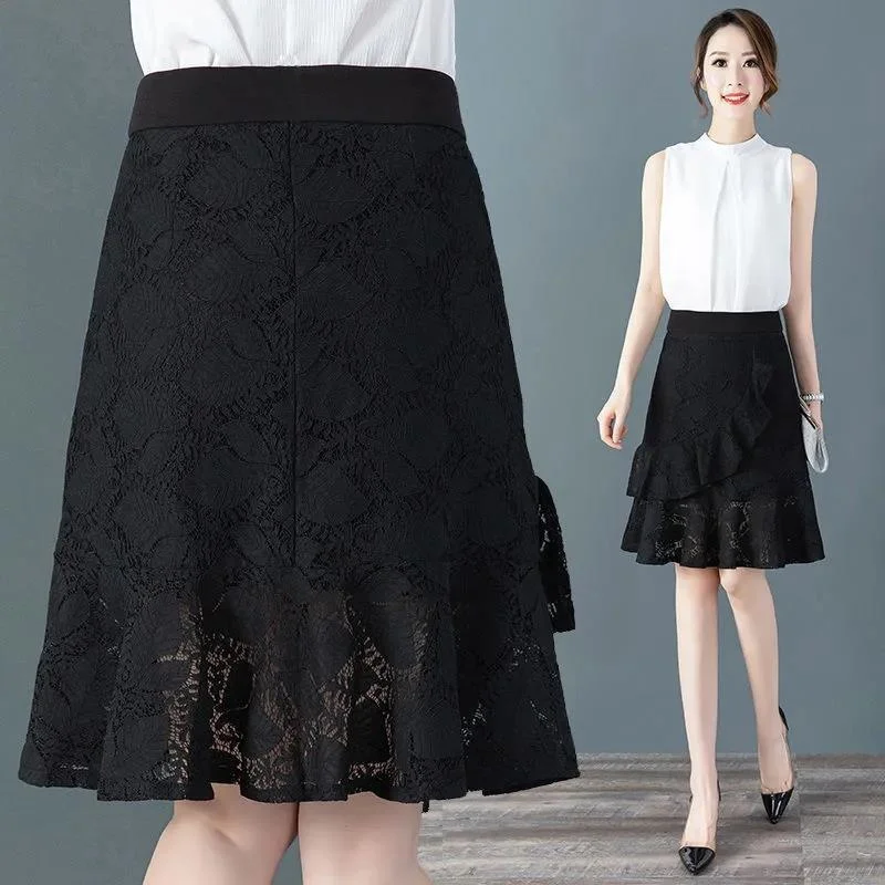 

2023 Summer Double Layer Lace Women's A-line Medium Long High Waist Black Thin Slim Faldas Clothes for Women Skirts