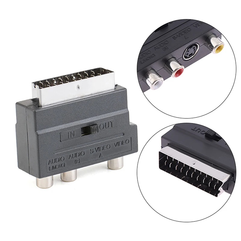 21Pin Scart Adaptor AV Block To RCA Phono Composite S-Video With In/Out Switch Scart Adaptor AV Block