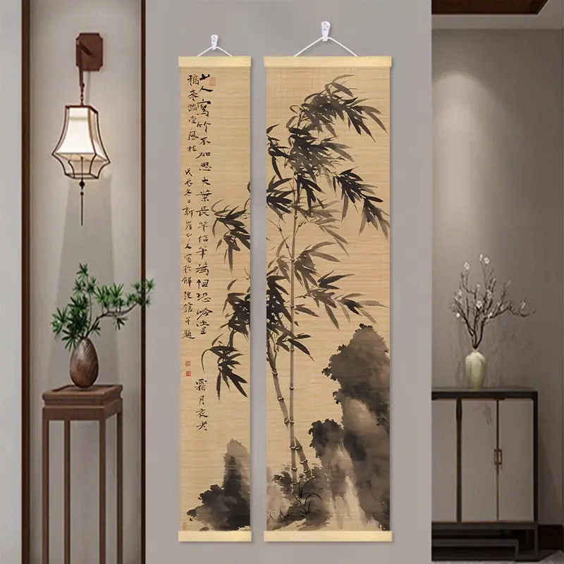 Wall Art Chinese Calligraphy Bamboo Scroll Painting Wabi Sabi Ink Wash for Tea Ceremony Classroom Gallery room decor aesthetic
