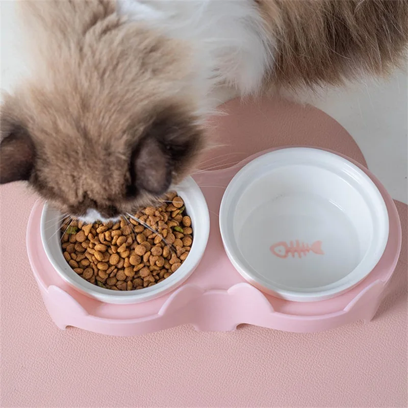 

Pet Ceramic Feeding Bowl, Double Bowl, Inclined Angle To Hold Food And Water, Protect The Cat's Cervical Spine Without Pad
