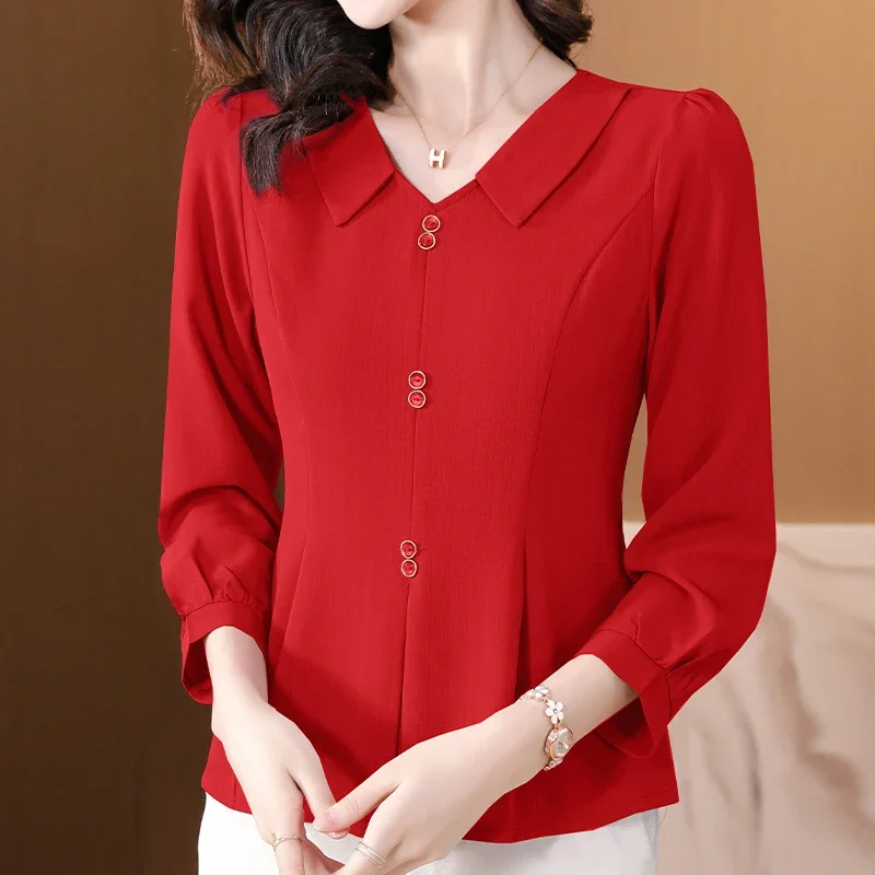 Doll Collar Shirt Female Big Size Spring and Summer Fashion Commuter Chic and Elegant Versatile Waist Casual Chiffon Blouse N859