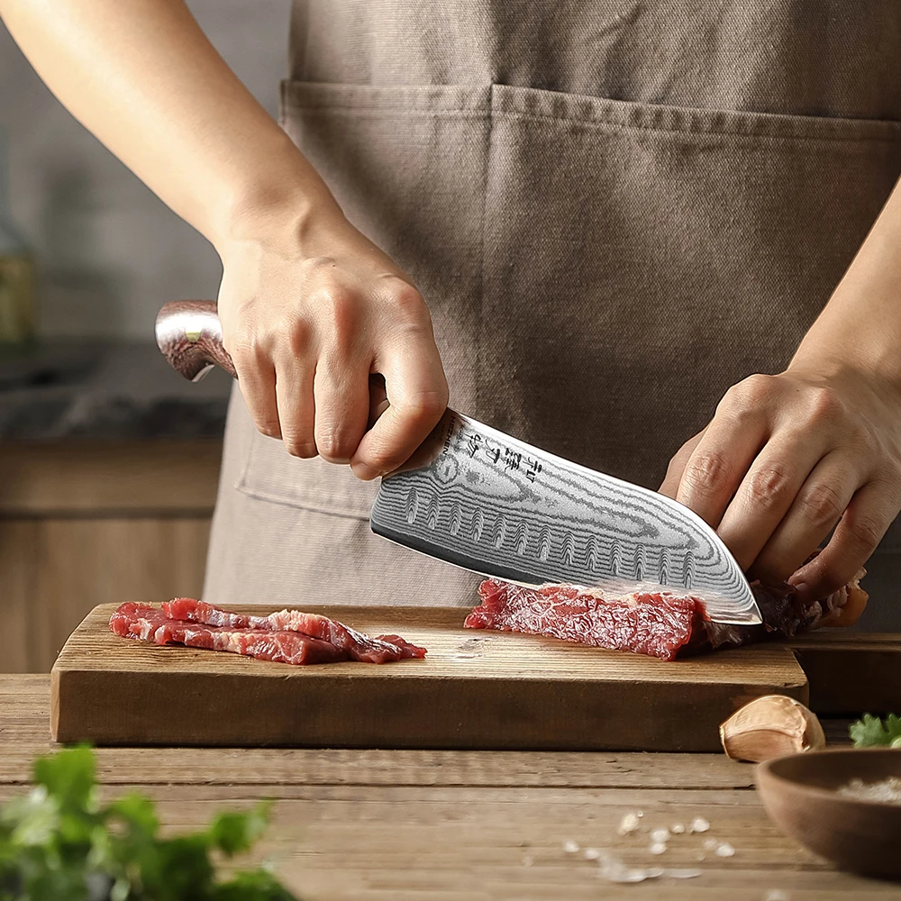 HEZHEN 7.3. Inches Santoku Knife Damascus Steel Micarta Handle Cook Knife For Meat Sharp Kitchen Tools Chef Knife