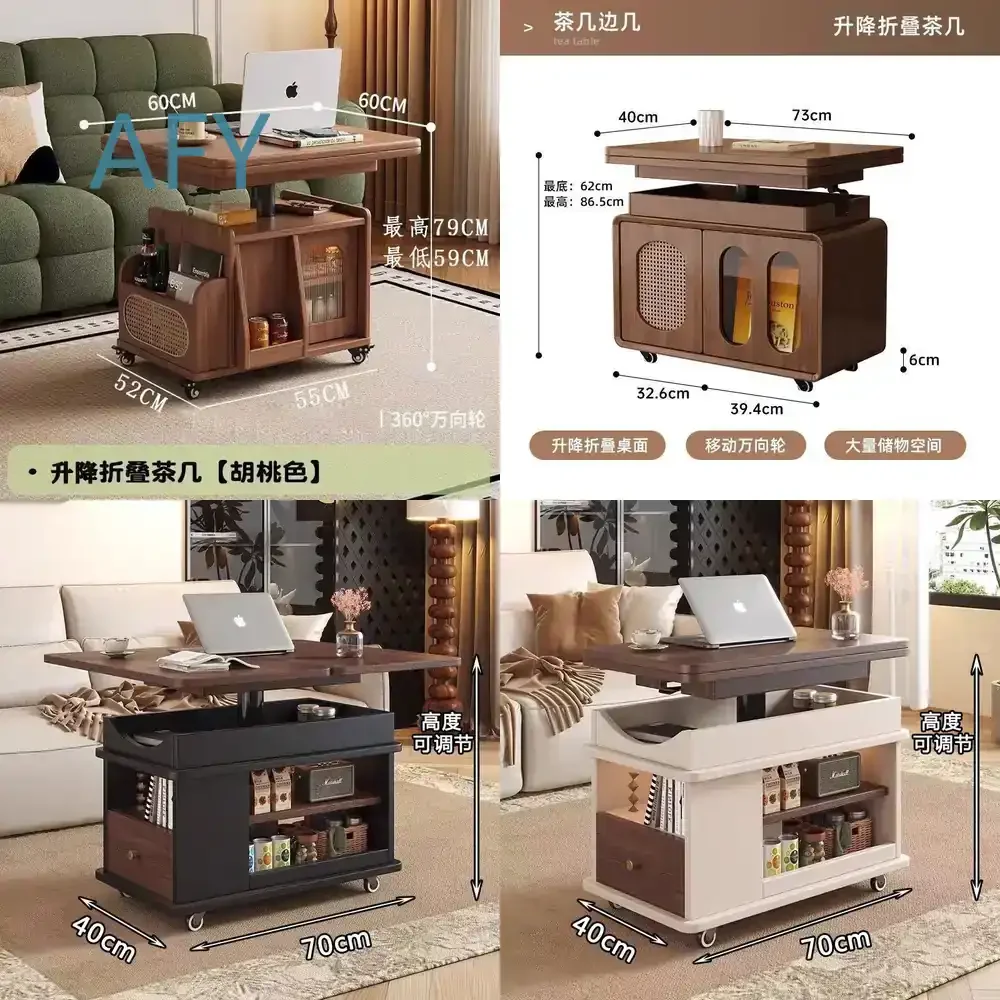 Foldable Multi-Functional Tea Table with Wheels for Small Living Room Balcony Mobile Side Table Height Adjustable Wooden Side