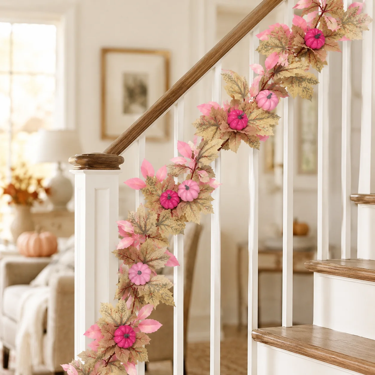 Pink Artificial Pumpkin Garland 160CM Fall Maple Leaf Vine Hanging Decoration Thanksgiving Halloween Home Wall Door Decor - view 5