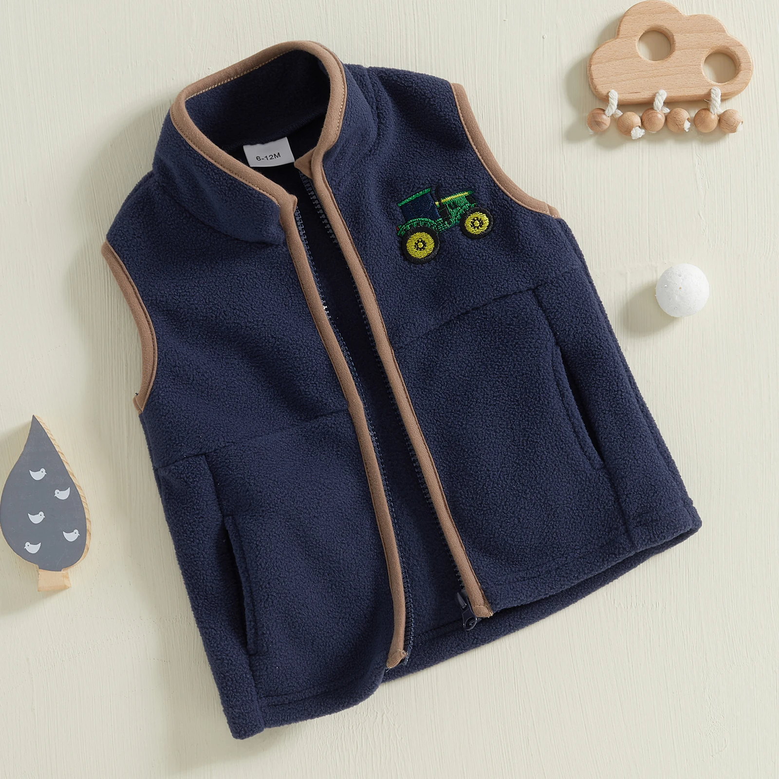 

Toddler Boys Fleece Vest Jacket Casual Sleeveless Tractor Embroidery Stand Collar Zip Up Vest Coat with Pockets Baby Fall