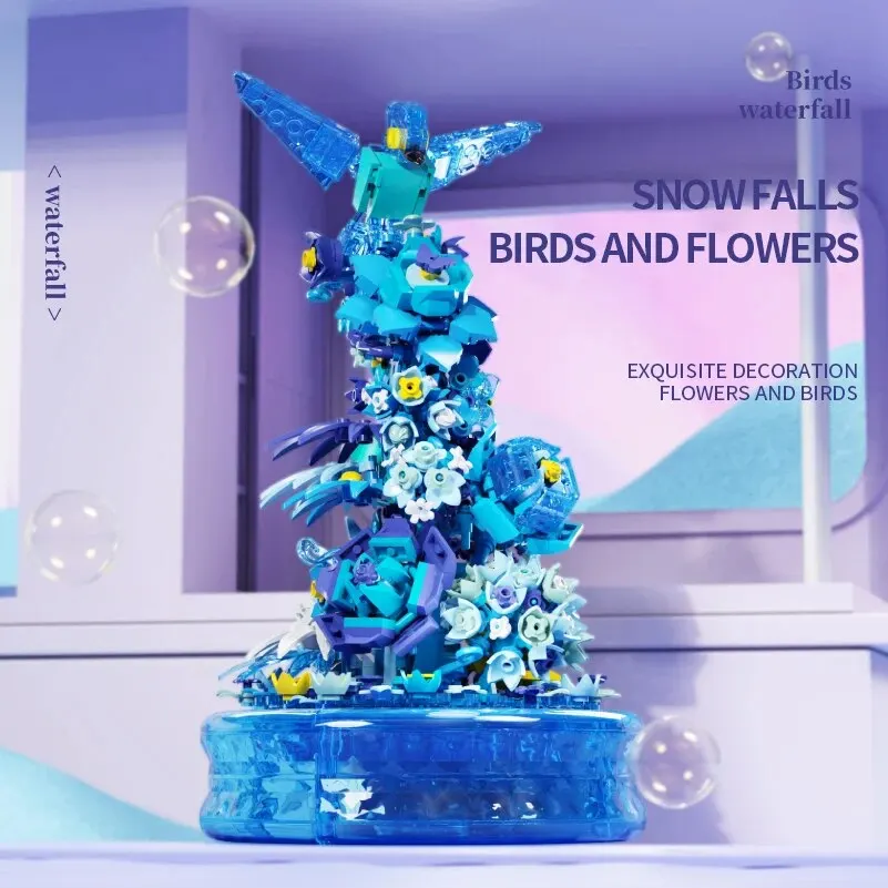 Flower Bird Ice Snow Waterfall Building Blocks Music Box LED Light Assembly Model Bricks Toys Children Puzzle Toys Holiday Gifts