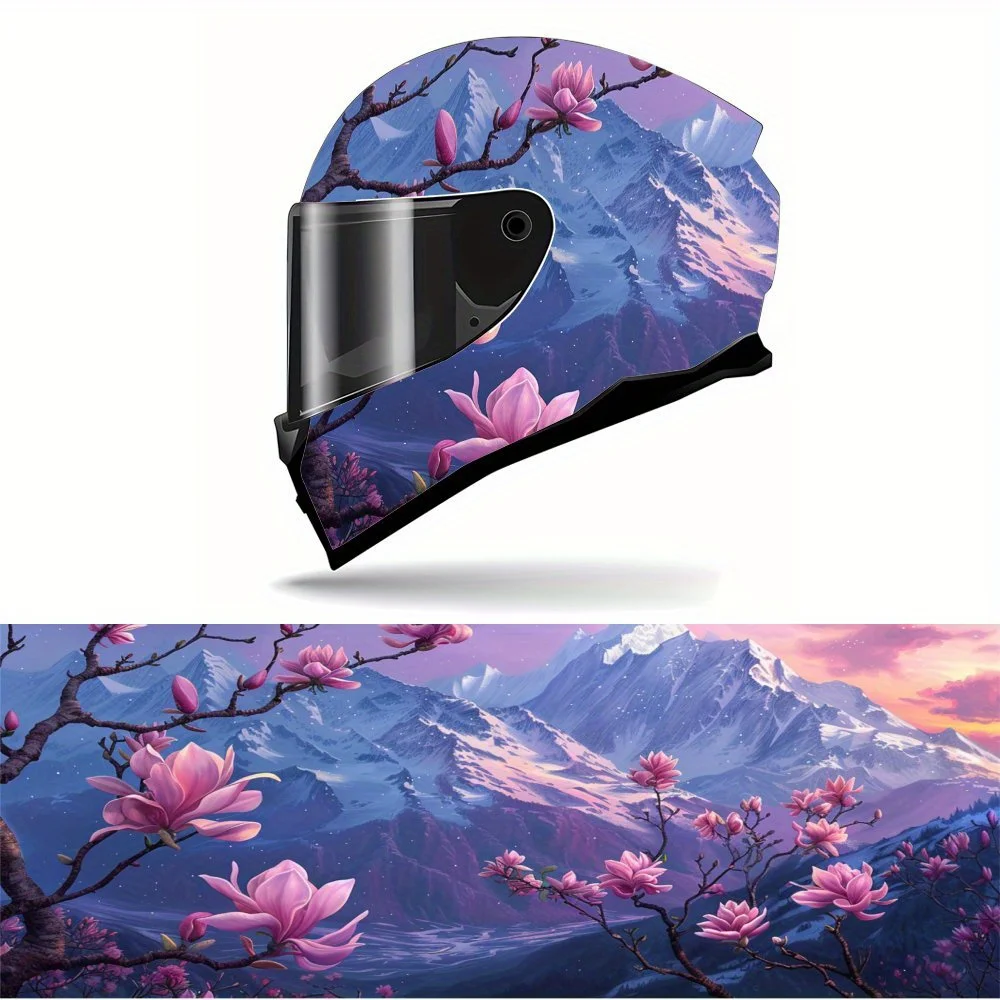 Helmet's poetic distance: Floral and snowy mountain theme graphic, vinyl motorcycle helmet graphic sticker film, heat insulation