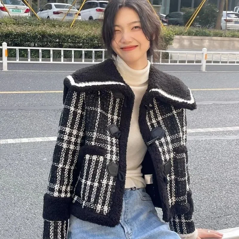 French Retro Women Black Plaid Tweed Jacket Navy Collar Cropped Elegant Winter Outerwear Coat