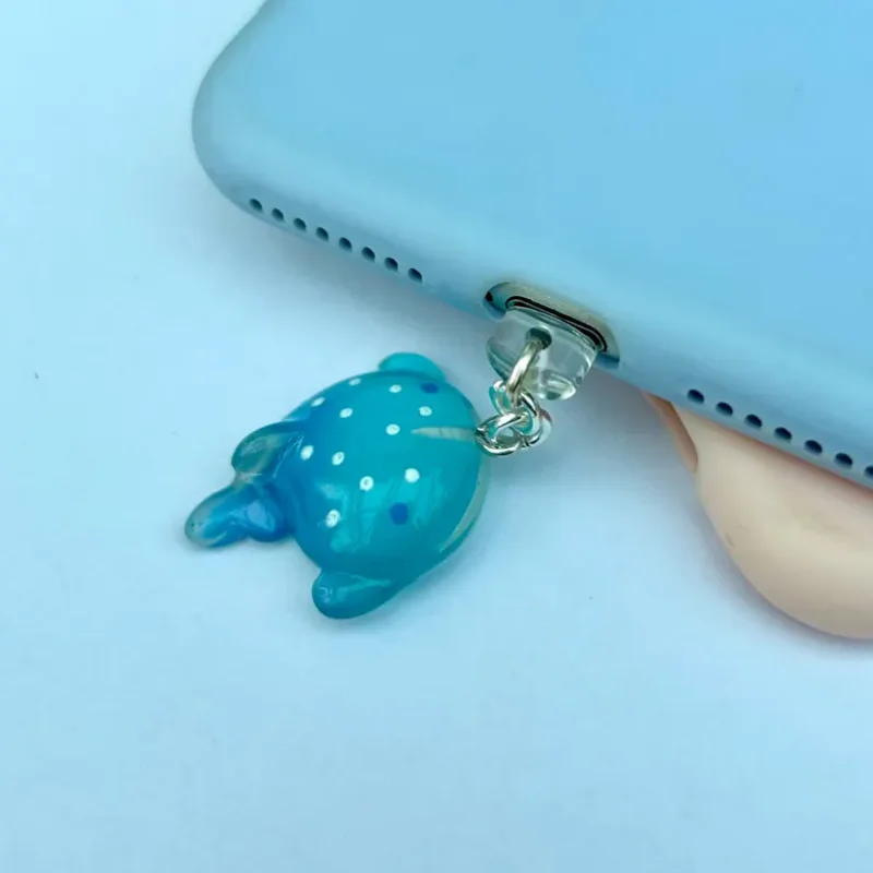 Handmade Kawaii blue whale phone charm, mantaray dust plug, marine laptop gaming decor, audio headphone jack bookish gift type c