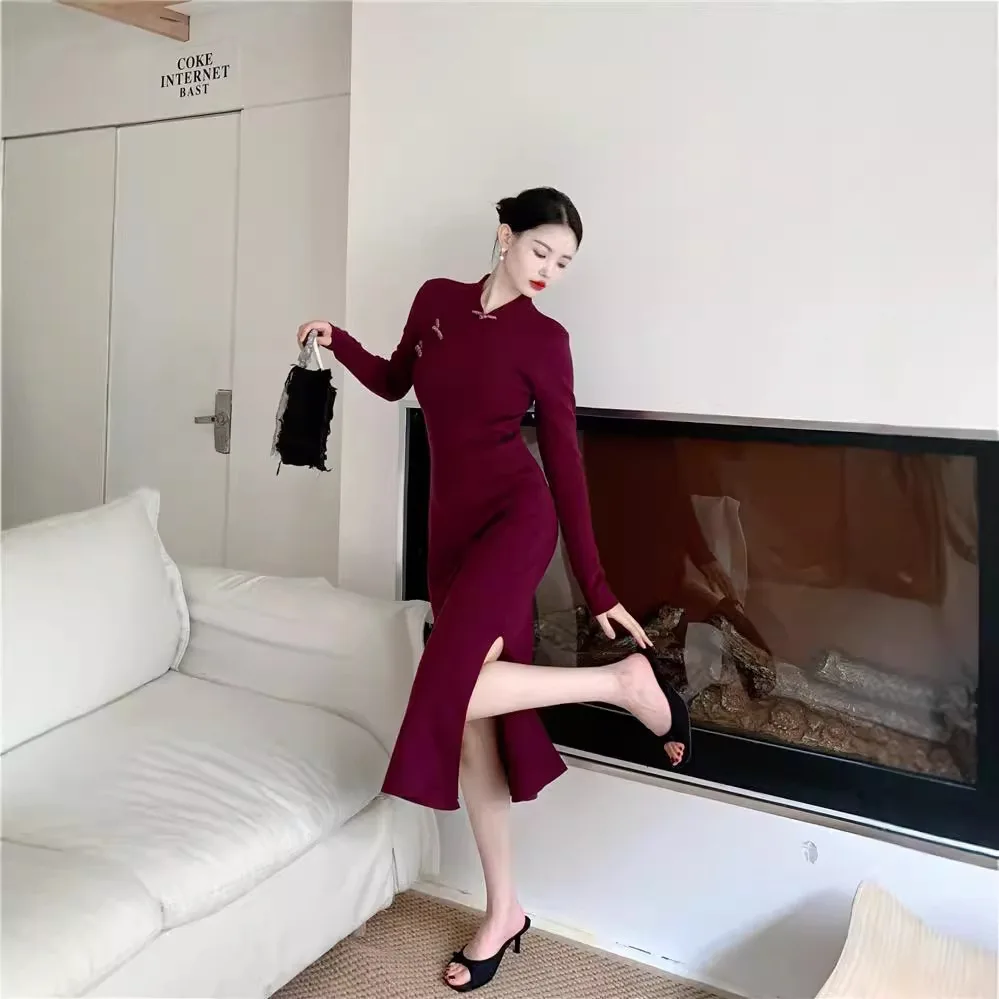 

7824 Autumn Winter Solid Color Half High Collar Cheongsam Button Split Design Knitted Inner Long Dress