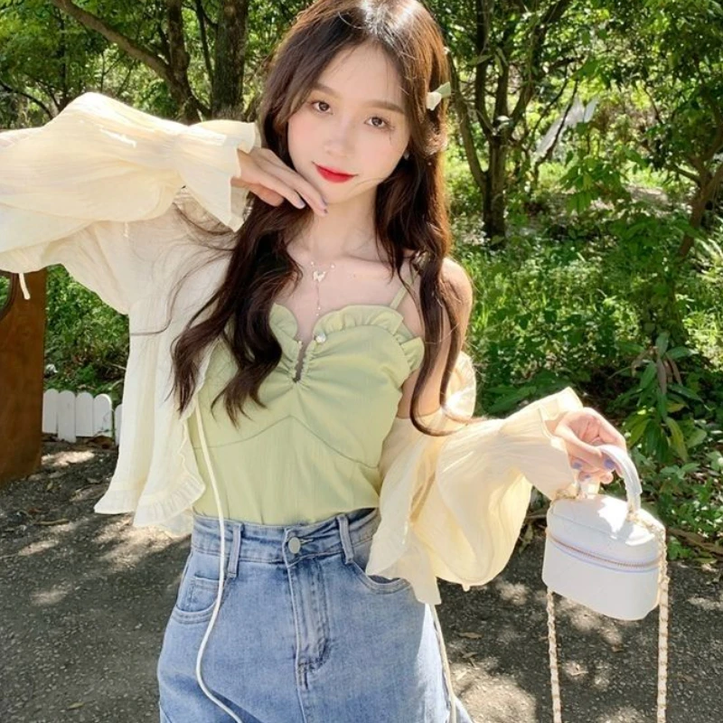 

Рубашки на шнуровке, женские рубашки с оборками, модная повседневная простая верхняя одежда, летняя элегантная женская укороченная одежда в корейском стиле, солнцезащитная, милая, универсальная