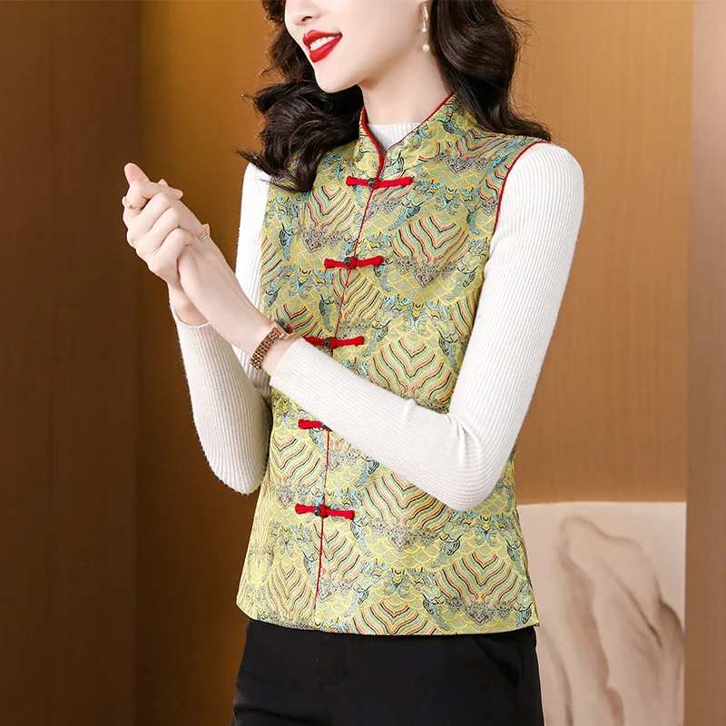 High-end Floral Printed Yellow Vest for Women 2023 Autumn Chinese Retro Buckle Tang Suit Slim Causal Top Waistcoat Women