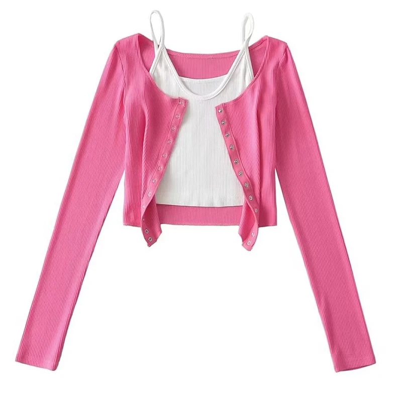 كارديجان قصير محبوك بألوان متباينة للنساء، بلوزة ضيقة مكشوفة البطن مع حزام، طقم من قطعتين بأسلوب الشارع، أكمام طويلة للربيع