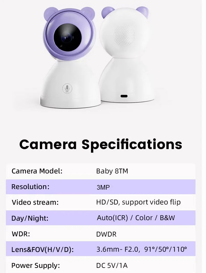 3MP Indoor Wifi PT Wireless AI Smart Auto Tracking Night Vision Camera Sound Detection Video 720P Baby  with 5inch Screen