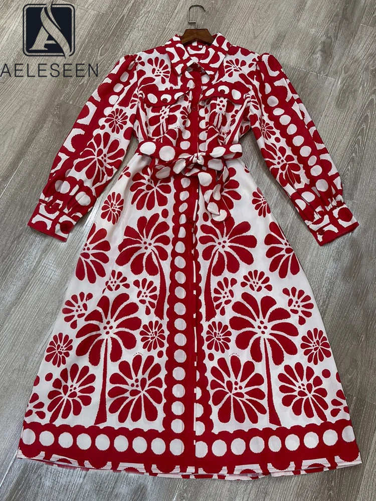 

AELESEEN Elegant Long Dress Women Autumn Full Sleeve Turn-down Collar Dots Flower Print Red Single-breasted Belt Vintage