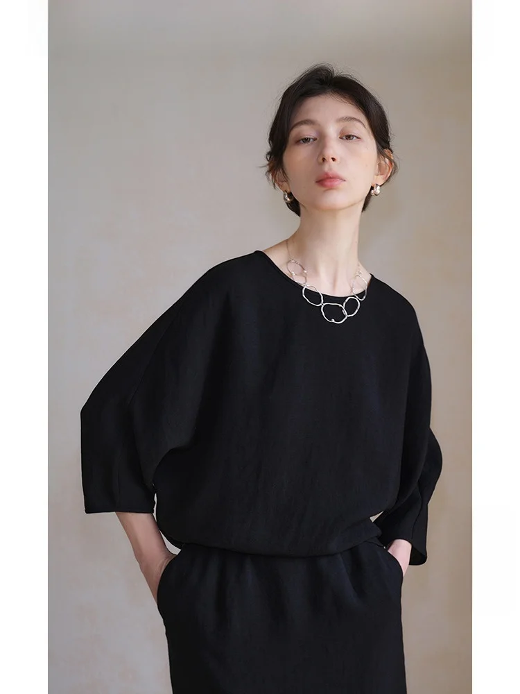 

Travel Original Tee-acetate Casual Bla irt Women's Summer New mat Leisure Top High-ade Blouse round Ne Seven...