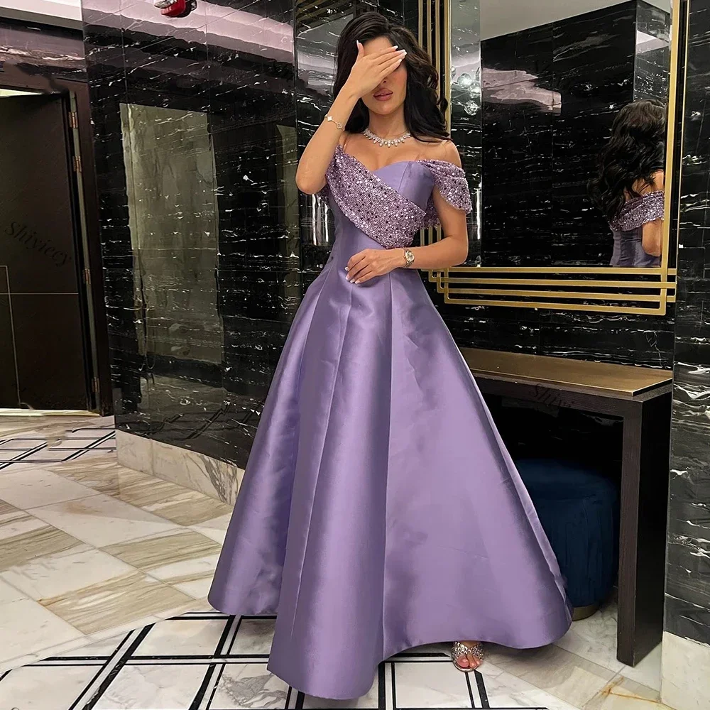 Customization Sexy Purple Glitter Evening Dress A-line Off Shoulder Celebrity Dress Satin Saudi Arabia Formal Party Dress