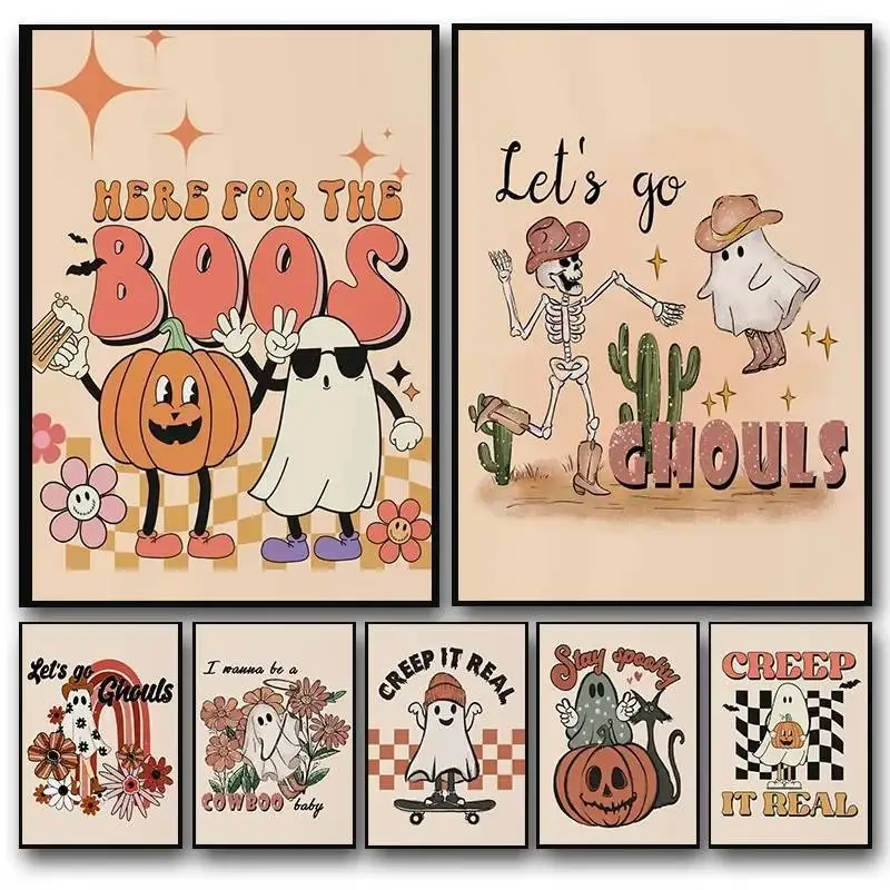 Vintage Cartoon Ghost Halloween Autumn Wall Art Picture Retro Fall Halloween Poster Print Canvas Painting for Room Home Decor