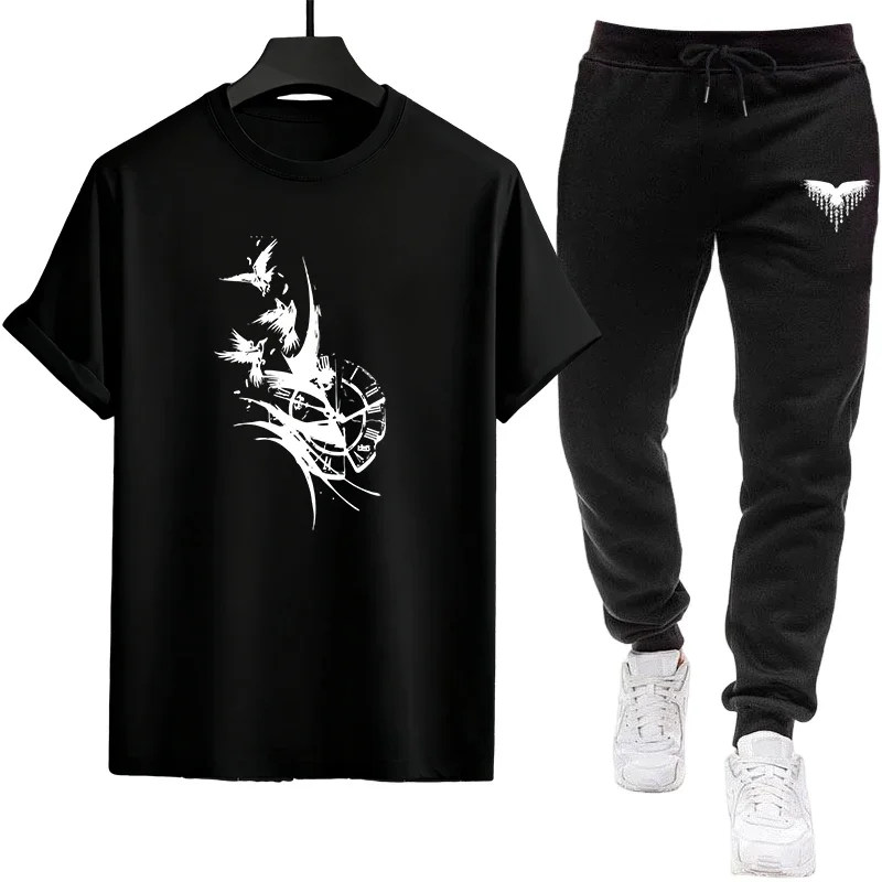 Urban Casual Fashion Tees Suit Spring Summer Comfort Cool Outfits Men's Tracksuit Crew Neck T-shirt and Black Sweatpants