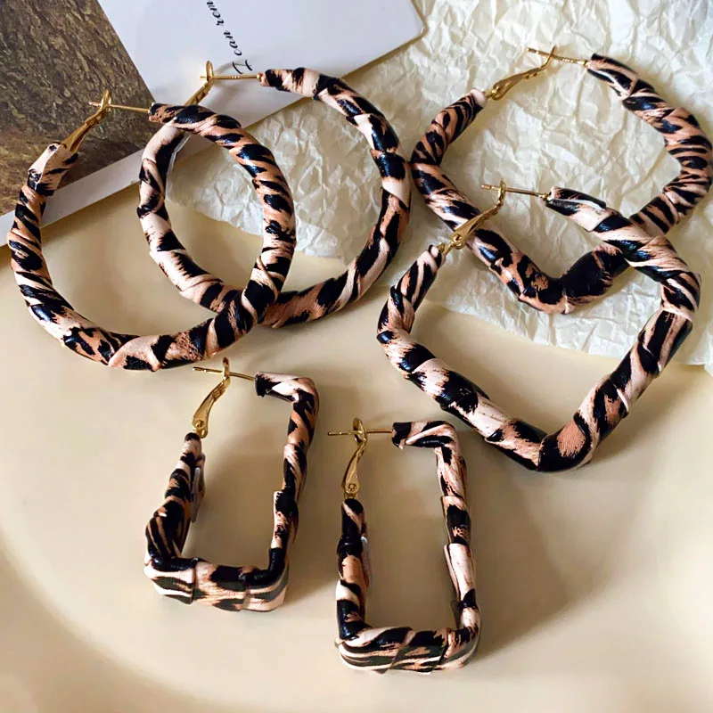 NISHIZAWA Leather Wrapped Leopard Print Geometric Earrings Personality Hot Girl Earrings for Women