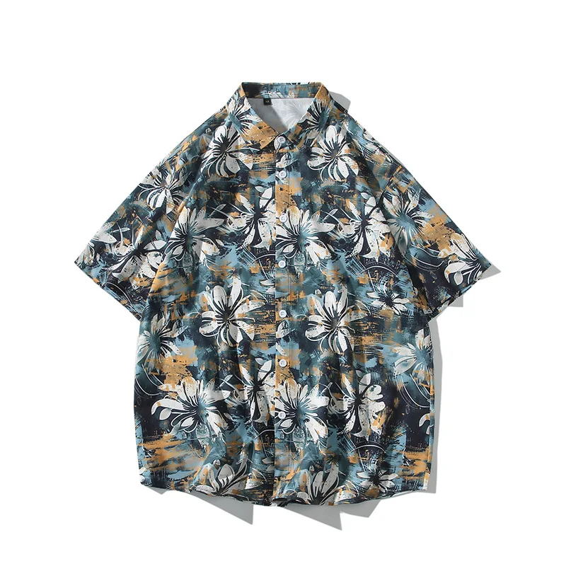 

Summer New Plus Size Men's Shirt Loose Fashion Printed Turn-down Collar Top