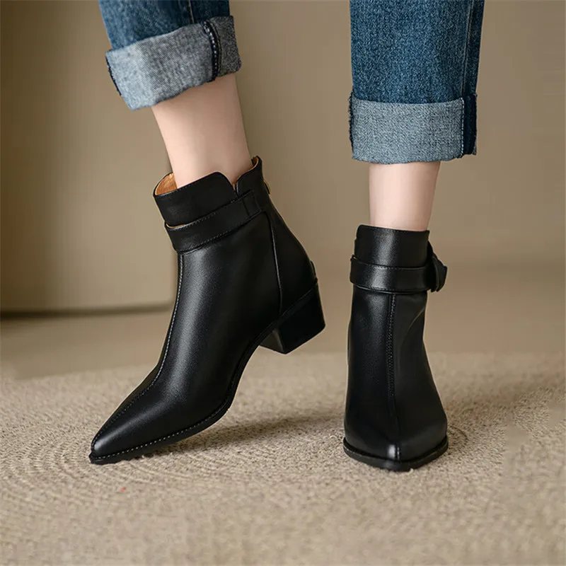 2023 Autumn Genuine Leather Women Boots Pointed Toe Chunky Heel Boots for Women Fashion Ankle Boots Winter Boots Zapatos Mujer