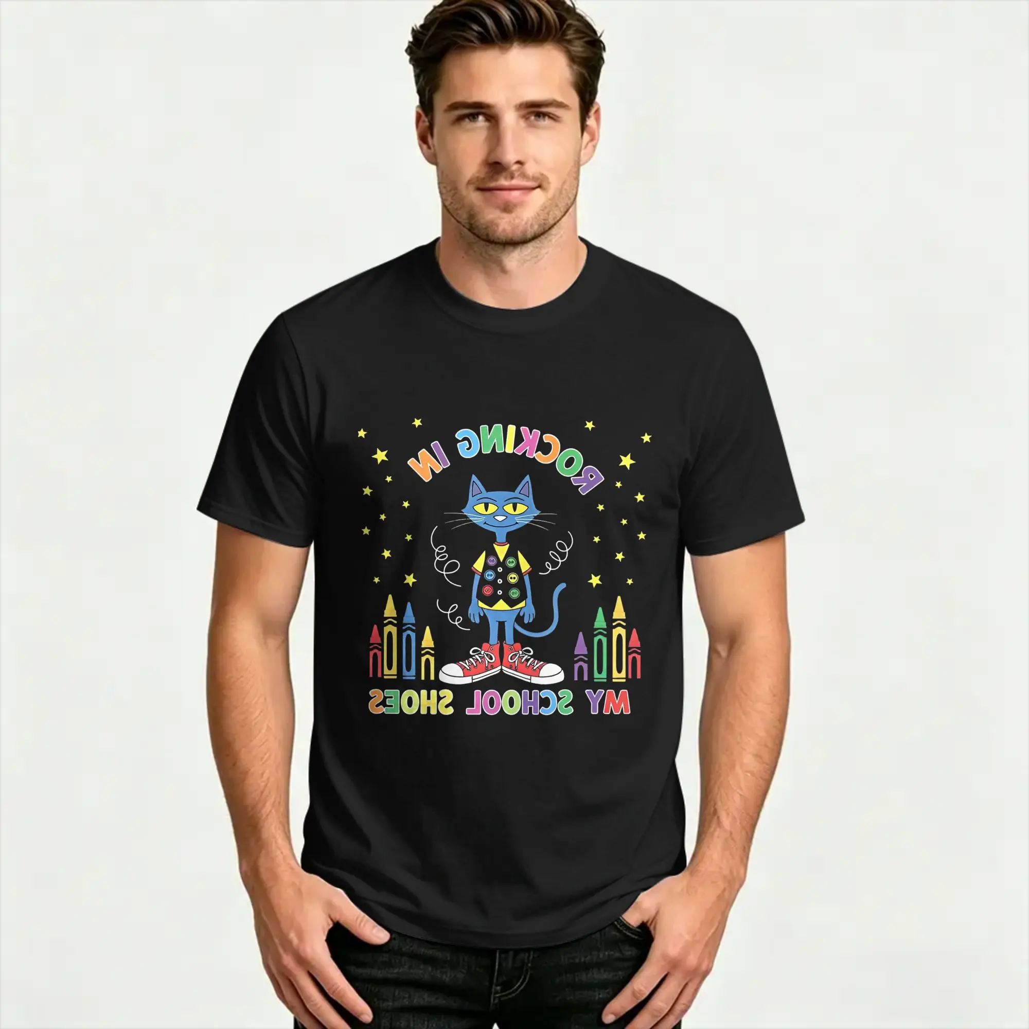 Casual T-Shirt Summer Cat Rocking in My School Shoes Hip Hop T Shirts  100% Cotton Tshirt for Male Aesthetic Short Sleeve Tops