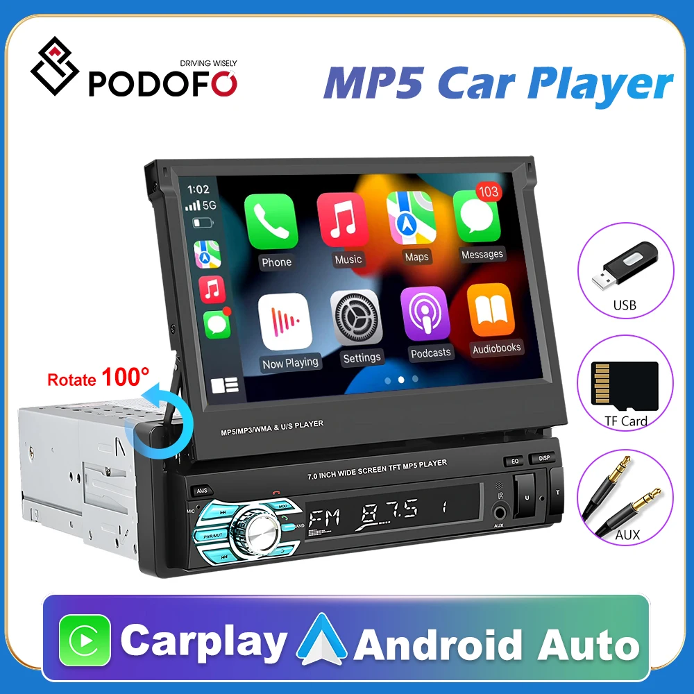 Podofo 1din Car Radio android carplay Stereo Universal Car mp5 Player with Bluetooth FM Radio Receiver Support Rear View Camera