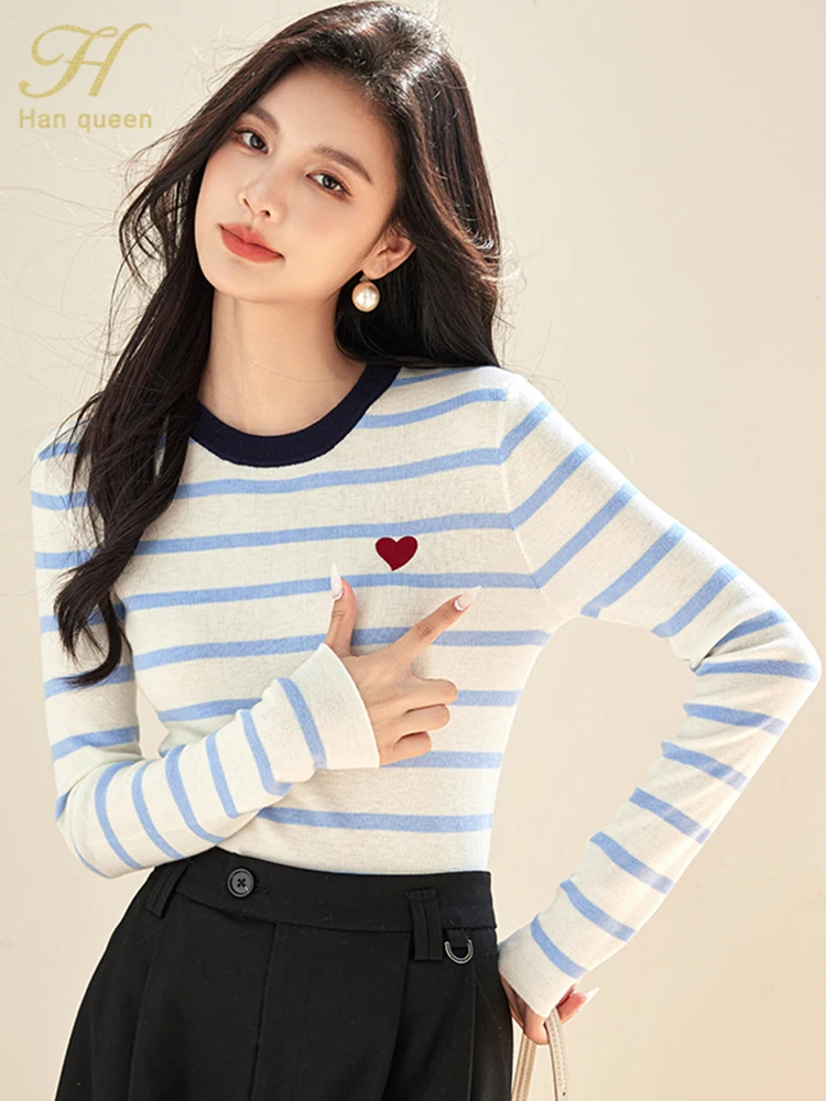 H Han Queen 2024 Autumn O-Neck Clashing Stripes Tops Female Fashion Simple T-Shirt Korean Casual Long Sleeve Tee Women Clothing