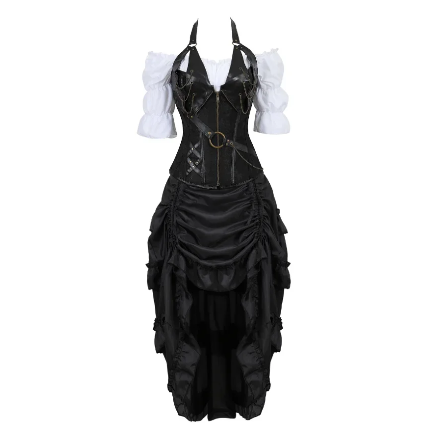 Women Steampunk Corset Dress Sexy Gothic Corset Renaissance Blouse With Irregular Pleated Skirt Three-Pieces Set Cosplay Costume