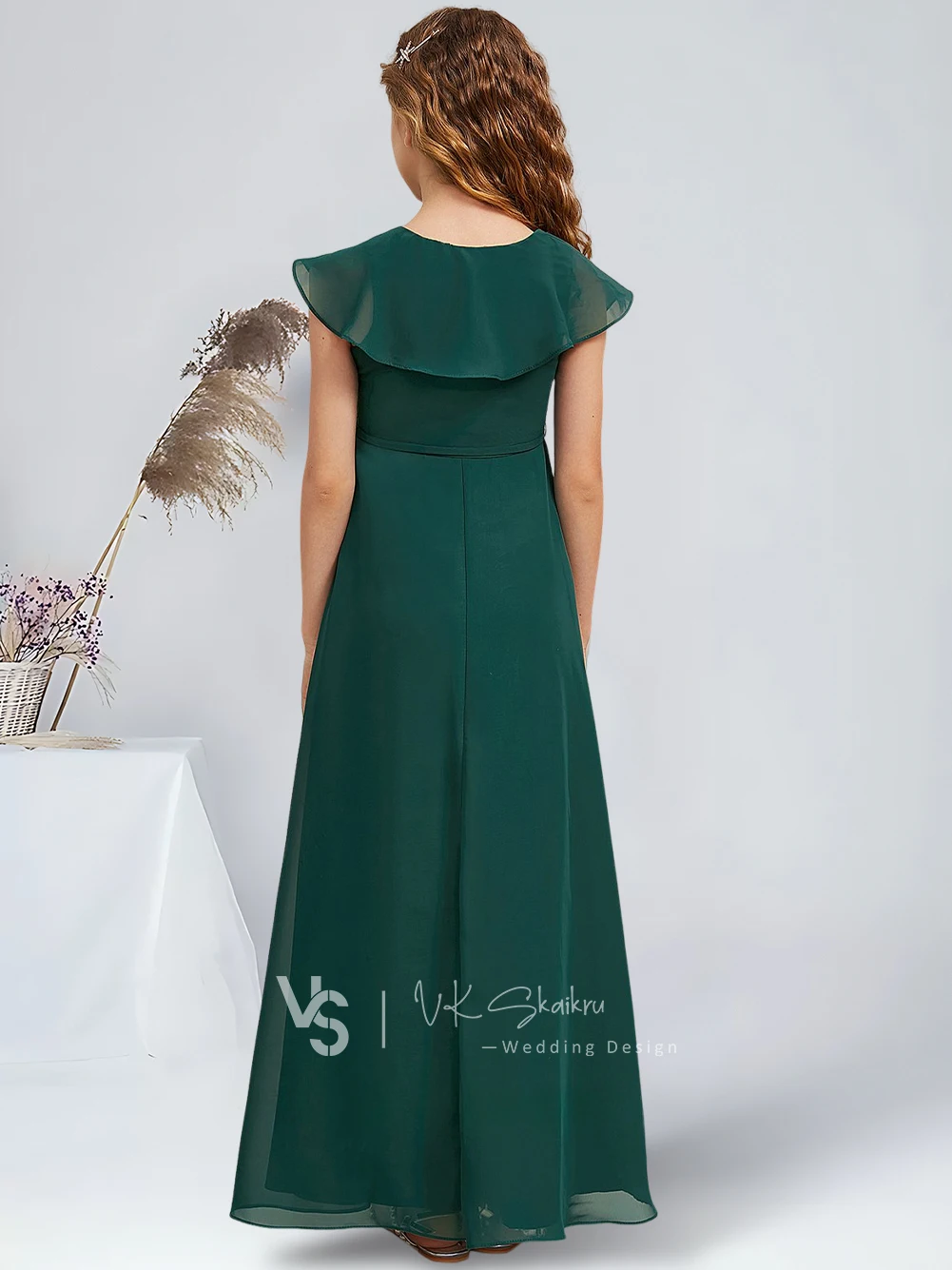 Elegant A-Line V-Neck Floor-Length Chiffon Junior Bridesmaid Dresses Emerald Gorgeous Flower Girl Dresses Party Wedding Kids