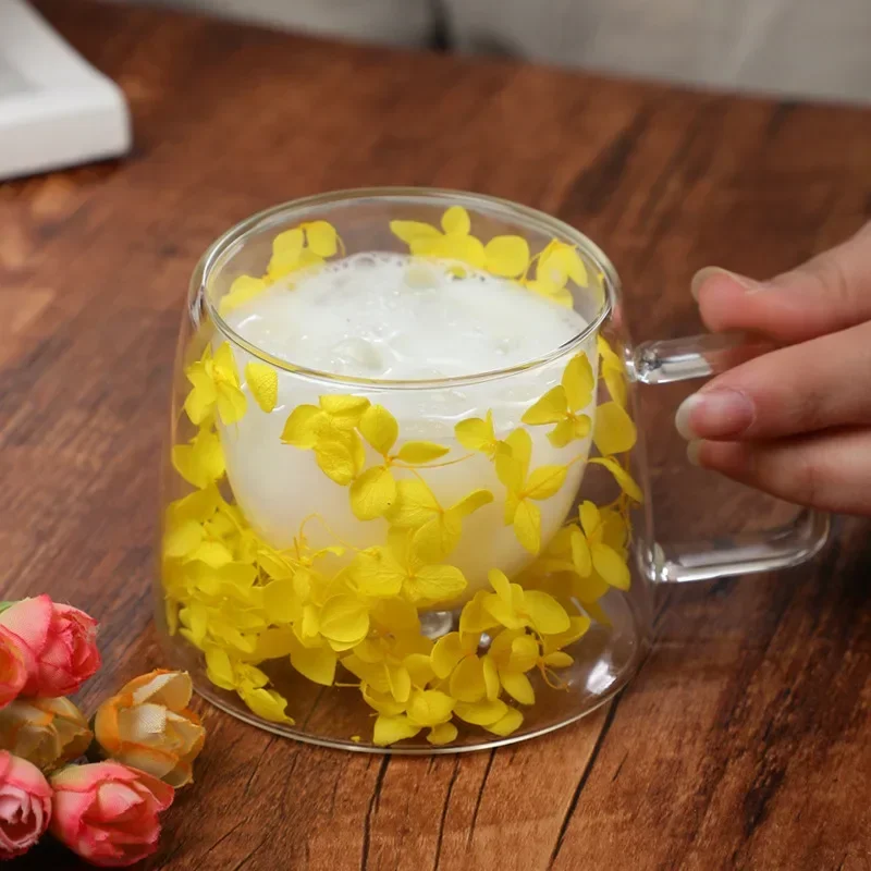 Dubbele Wand Glazen Beker Helder Gedroogde Bloemen Helder Glas Theekop Koffie Melk Water Creatieve Geschenken Geïsoleerde Glazen Bekers Met Handvat