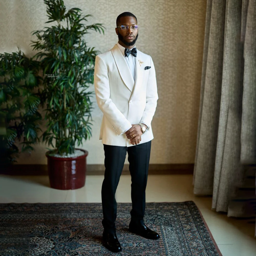 White Men Wedding Suits 2 Pieces Shawl Lapel Single Breasted Tuxedo Groom Suit Blazer Prom Slim Fit Jacket+Pants Customized